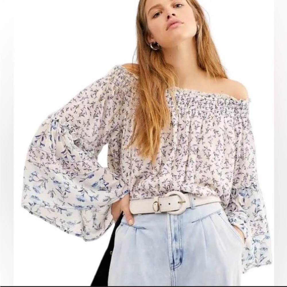 Free People Rose Valley Lavender and Blue Off-Shoulder Floral Blouse Size Large